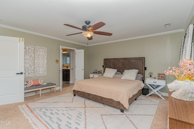 2407 Cattail Pond Dr, Zebulon, NC 27597 - bedroom featuring crown molding, light colored carpet, a ceiling fan, and ensuite bathroom