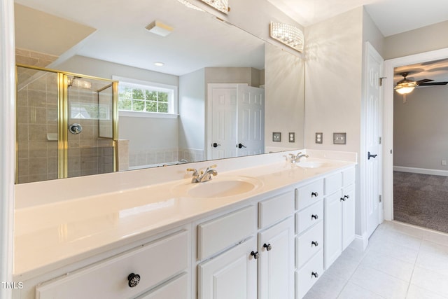 8508 Parlange Woods Ln, Wake Forest, NC 27587 - bathroom with double vanity, a stall shower, tile patterned flooring, and ceiling fan