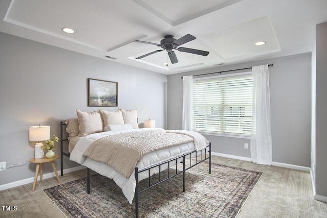 21 Intuition Cir, Durham, NC 27705 - carpeted bedroom with ceiling fan, recessed lighting, and coffered ceiling