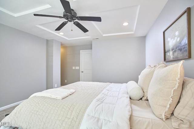 21 Intuition Cir, Durham, NC 27705 - bedroom featuring a tray ceiling, a ceiling fan, and recessed lighting