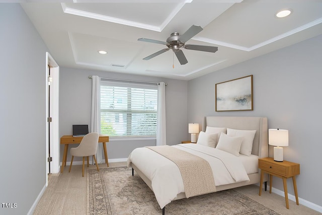 21 Intuition Cir, Durham, NC 27705 - bedroom with a desk, ornamental molding, a ceiling fan, and a tray ceiling