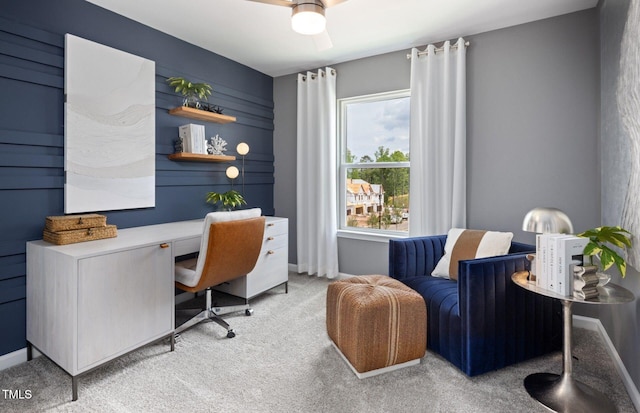 1516 Tamarisk Ln, Durham, NC 27703 - carpeted home office featuring a ceiling fan and baseboards