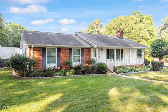 821 Northclift Dr, Raleigh, NC 27609 - ranch-style home featuring a chimney, a porch, brick siding, and a shingled roof