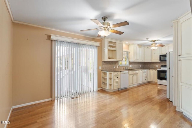 821 Northclift Dr, Raleigh, NC 27609 - kitchen with white appliances, ceiling fan, decorative backsplash, light wood-style floors, and open shelves
