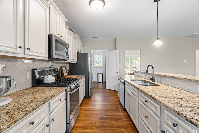 20 Kola Nut, Smithfield, NC 27577 - kitchen featuring stainless steel appliances, white cabinetry, tasteful backsplash, dark wood-type flooring, and pendant lighting