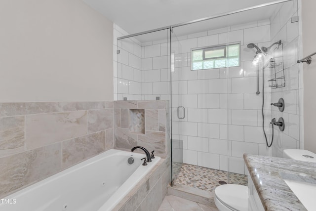 1316 Foxrun Dr, Raleigh, NC 27610 - bathroom with a shower stall, a whirlpool tub, vanity, and tile patterned flooring