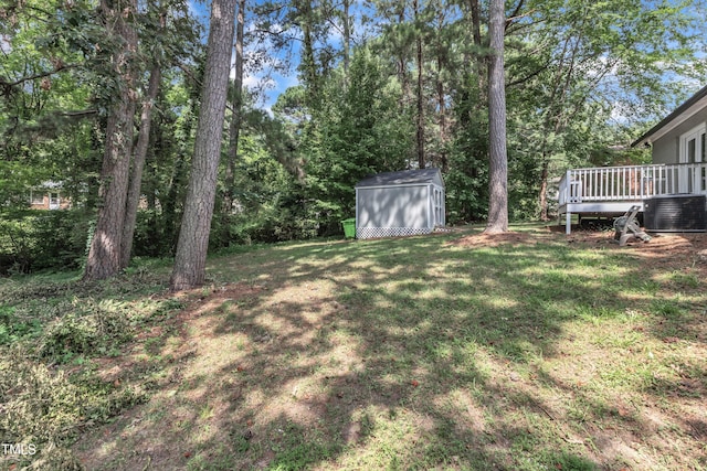 1316 Foxrun Dr, Raleigh, NC 27610 - view of grassy yard with a shed and a deck