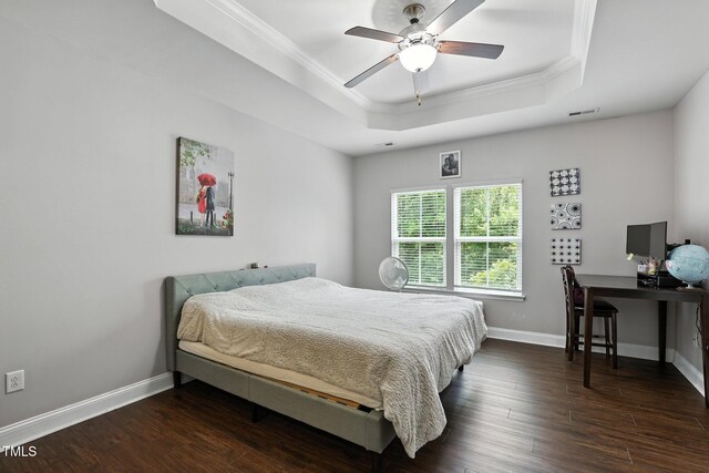 651 Berry Chase Way, Cary, NC 27519 - bedroom with crown molding, a raised ceiling, wood finished floors, and a ceiling fan