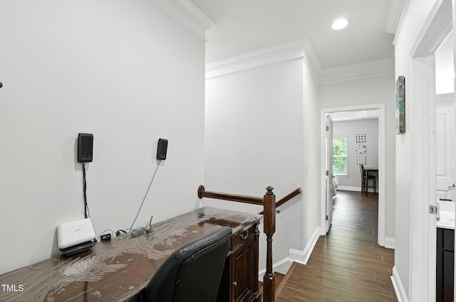651 Berry Chase Way, Cary, NC 27519 - corridor with ornamental molding, dark wood-type flooring, an upstairs landing, and recessed lighting