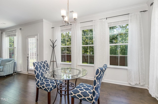 4611 Lazy Hollow Dr, Knightdale, NC 27545 - dining room with dark wood-style floors, crown molding, and a chandelier