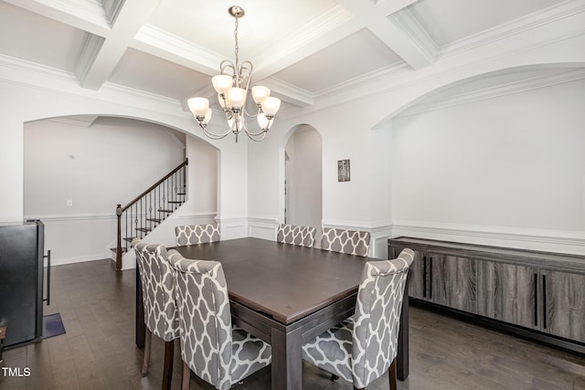 4611 Lazy Hollow Dr, Knightdale, NC 27545 - dining space featuring arched walkways, coffered ceiling, dark wood-type flooring, a chandelier, and beam ceiling