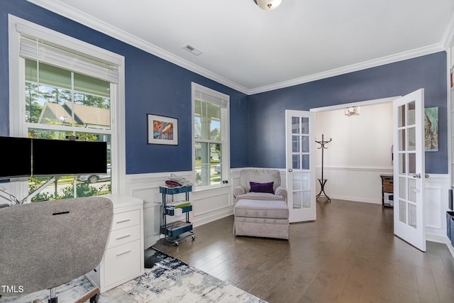 4611 Lazy Hollow Dr, Knightdale, NC 27545 - office featuring french doors, healthy amount of natural light, crown molding, a wainscoted wall, and wood finished floors
