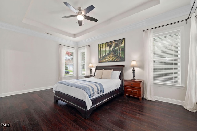501 Tranquil Sound Dr, Cary, NC 27519 - bedroom with a raised ceiling, hardwood / wood-style floors, a ceiling fan, and crown molding