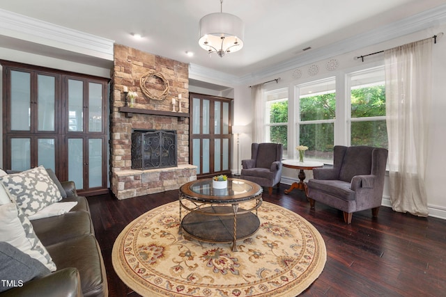 501 Tranquil Sound Dr, Cary, NC 27519 - living room with hardwood / wood-style floors, a stone fireplace, and crown molding