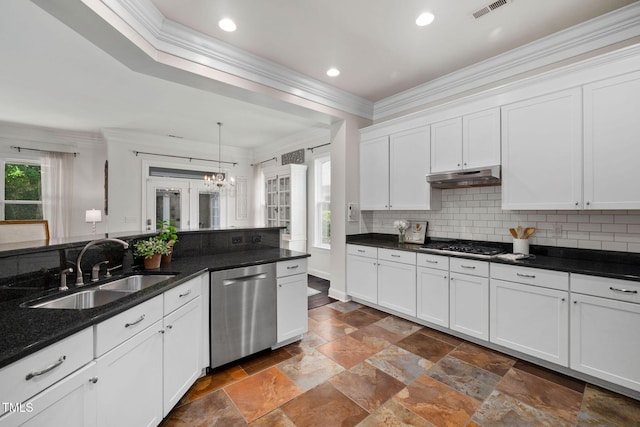 501 Tranquil Sound Dr, Cary, NC 27519 - kitchen with appliances with stainless steel finishes, healthy amount of natural light, under cabinet range hood, crown molding, and backsplash