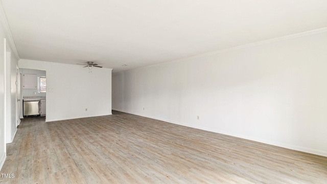 550 Pine Ridge Pl, Raleigh, NC 27609 - unfurnished living room with light wood-style floors, crown molding, and ceiling fan