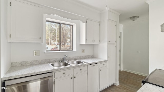 550 Pine Ridge Pl, Raleigh, NC 27609 - kitchen featuring dishwasher, white cabinetry, wood finished floors, light countertops, and ornamental molding