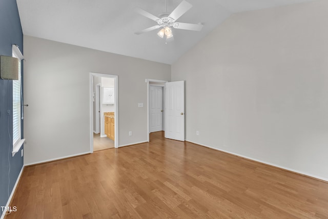 5513 Enoree Ln, Raleigh, NC 27616 - unfurnished bedroom with light wood finished floors, high vaulted ceiling, connected bathroom, and ceiling fan