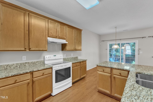 5513 Enoree Ln, Raleigh, NC 27616 - kitchen featuring white electric stove, under cabinet range hood, light wood-type flooring, hanging light fixtures, and light stone counters