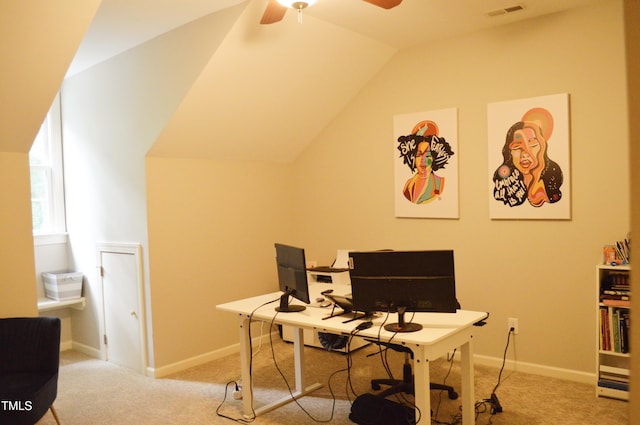 114 Bridle Path, Pittsboro, NC 27312 - home office with light carpet, vaulted ceiling, and a ceiling fan