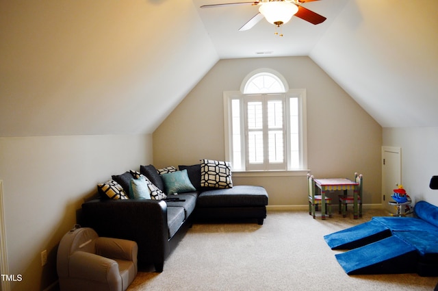 114 Bridle Path, Pittsboro, NC 27312 - living area with carpet, ceiling fan, and lofted ceiling