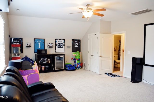114 Bridle Path, Pittsboro, NC 27312 - living room featuring a ceiling fan, carpet, lofted ceiling, and wine cooler