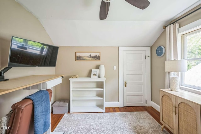 1213 Pierce St, Raleigh, NC 27605 - bedroom featuring vaulted ceiling, wood finished floors, and ceiling fan