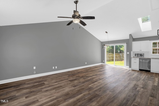 1814 Shiva Ct, Durham, NC 27703 - unfurnished living room with a skylight, dark wood-style flooring, ceiling fan, and high vaulted ceiling