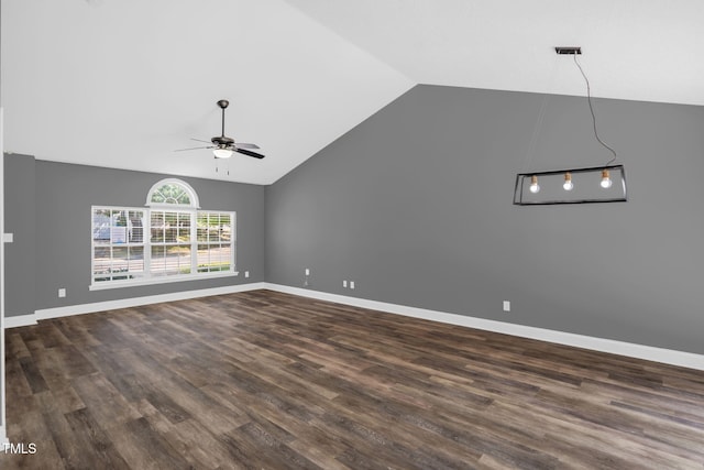 1814 Shiva Ct, Durham, NC 27703 - unfurnished living room with lofted ceiling, a ceiling fan, and dark wood-style flooring