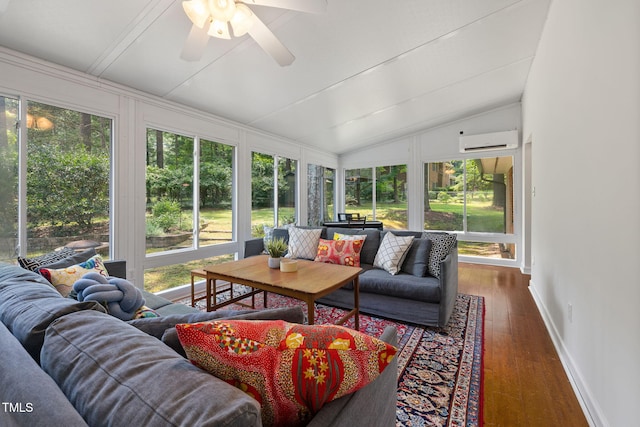 700 Tinkerbell Rd, Chapel Hill, NC 27517 - sunroom featuring outdoor lounge area, a ceiling fan, vaulted ceiling, healthy amount of natural light, and a wall unit AC