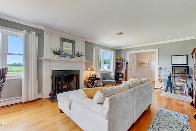 10781 US-158, Reidsville, NC 27320 - living room with wood finished floors, crown molding, a fireplace with flush hearth, and baseboard heating