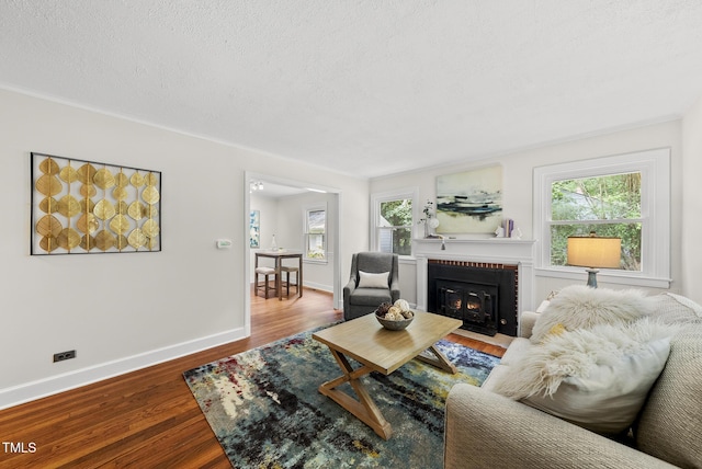 7 Meadowbrook Ave, Durham, NC 27712 - living area featuring plenty of natural light, wood finished floors, a fireplace with flush hearth, and a textured ceiling