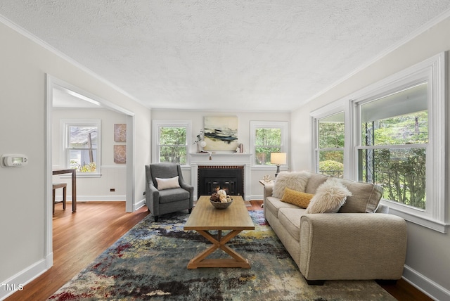 7 Meadowbrook Ave, Durham, NC 27712 - living room featuring a textured ceiling, wood finished floors, a brick fireplace, and crown molding
