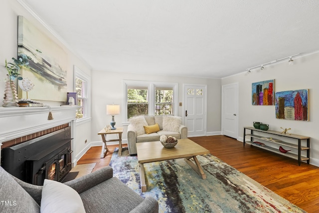 7 Meadowbrook Ave, Durham, NC 27712 - living room with wood finished floors, track lighting, and a wood stove