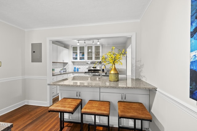 7 Meadowbrook Ave, Durham, NC 27712 - kitchen featuring electric panel, dark wood-style flooring, glass insert cabinets, white cabinets, and a kitchen breakfast bar