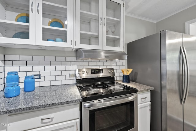 7 Meadowbrook Ave, Durham, NC 27712 - kitchen with stainless steel appliances, ventilation hood, crown molding, glass insert cabinets, and white cabinets
