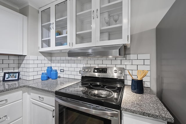 7 Meadowbrook Ave, Durham, NC 27712 - kitchen featuring stainless steel range with electric cooktop, extractor fan, ornamental molding, white cabinets, and decorative backsplash