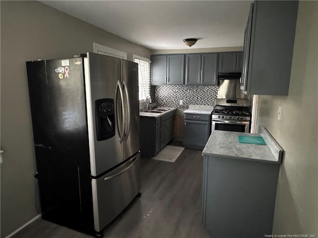 116 N Wright St, Raeford, NC 28376 - kitchen with stainless steel appliances, dark wood finished floors, gray cabinets, light countertops, and decorative backsplash