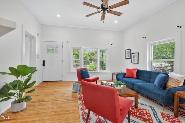1001 Lancaster St, Durham, NC 27701 - living area featuring ornamental molding, light wood-style flooring, ceiling fan, and recessed lighting