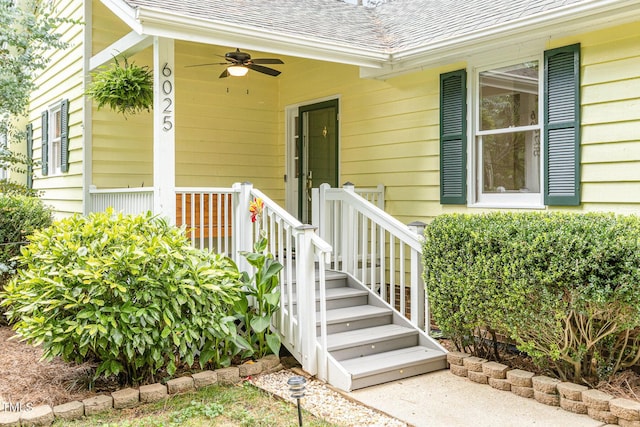 6025 Tarnhour Ct, Raleigh, NC 27612 - property entrance featuring ceiling fan and a shingled roof