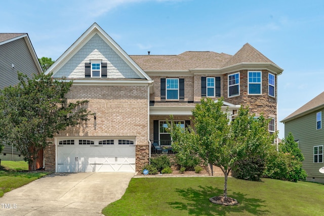 1950 Firenza Dr, Apex, NC 27502 - view of front facade with an attached garage, driveway, a front lawn, brick siding, and a shingled roof