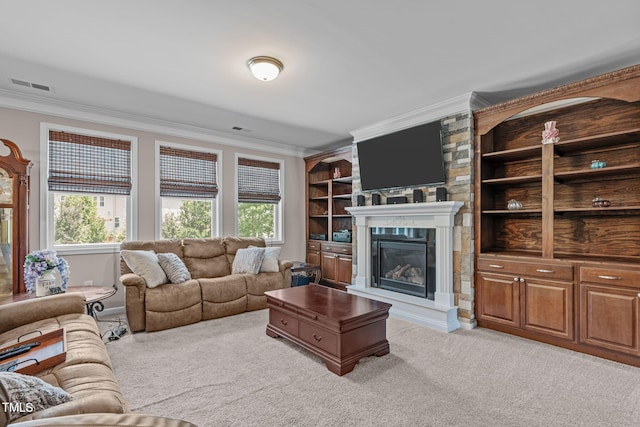 1950 Firenza Dr, Apex, NC 27502 - living area featuring ornamental molding, light colored carpet, and a glass covered fireplace