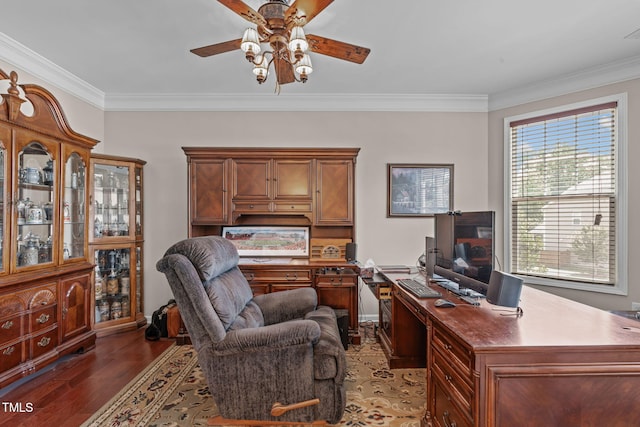 1950 Firenza Dr, Apex, NC 27502 - office space featuring a ceiling fan, ornamental molding, and wood finished floors