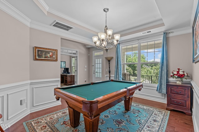 1950 Firenza Dr, Apex, NC 27502 - rec room with crown molding, wood finished floors, a chandelier, a wainscoted wall, and pool table