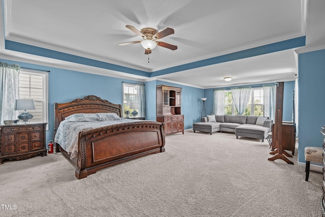1950 Firenza Dr, Apex, NC 27502 - bedroom with a raised ceiling, carpet floors, ornamental molding, and a ceiling fan