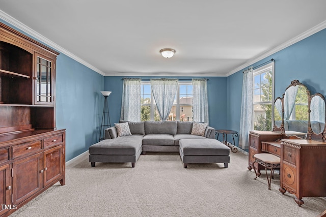 1950 Firenza Dr, Apex, NC 27502 - living room featuring light carpet, healthy amount of natural light, and crown molding