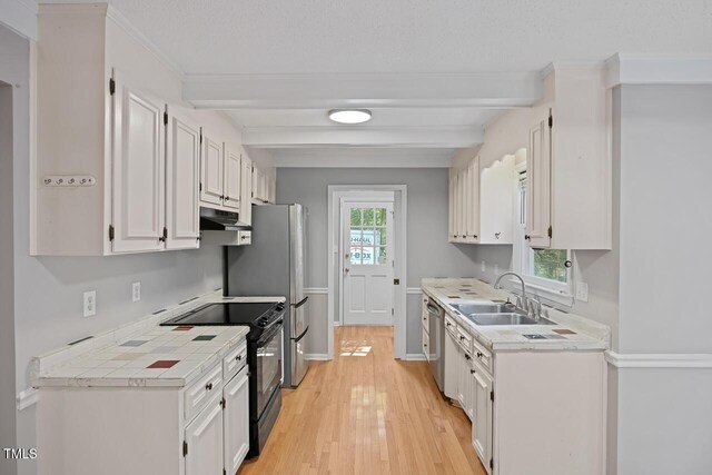 3104 Braywood Ct, Apex, NC 27539 - kitchen with black electric range, dishwasher, under cabinet range hood, white cabinetry, and beamed ceiling