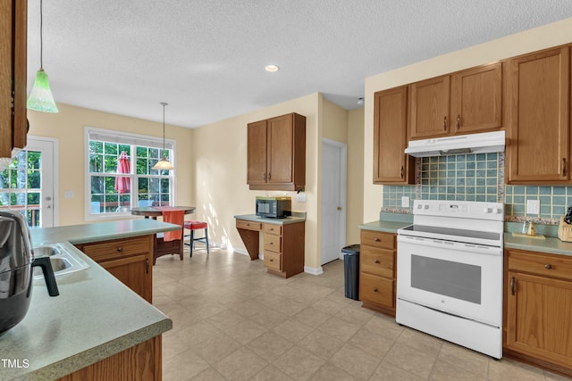 2114 Baycourt Trl, Hillsborough, NC 27278 - kitchen with white electric stove, under cabinet range hood, decorative backsplash, a textured ceiling, and brown cabinetry