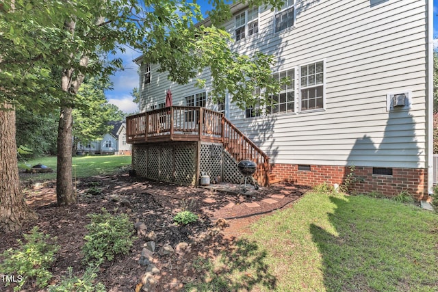 2114 Baycourt Trl, Hillsborough, NC 27278 - back of property featuring crawl space, a deck, a lawn, and stairway