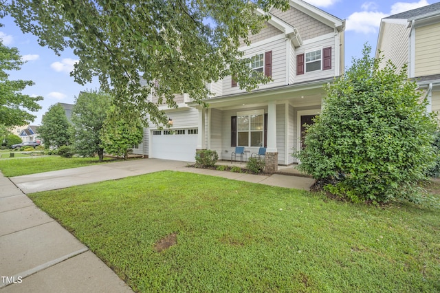 1204 Chapanoke Rd, Raleigh, NC 27603 - craftsman-style home with a porch, concrete driveway, a front lawn, and a garage